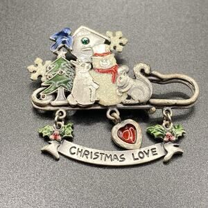 Signed KC Snowman Sleigh Christmas Brooch Kenneth Cole Safety Pin Charm